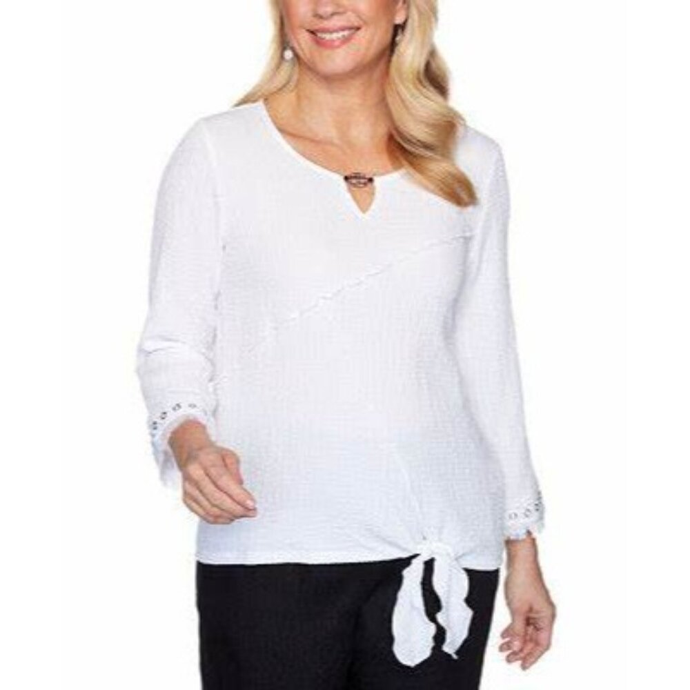 Alfred Dunner 3/4 Sleeve Top Sz Medium White Gauze Fringe Sleeve New